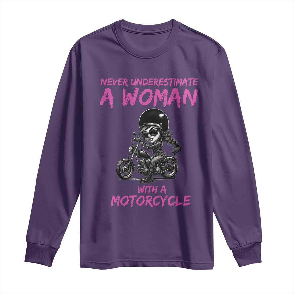 Funny Biker Woman Long Sleeve Shirt Never Underestimate A Women On A Motorcycle - Wonder Print Shop