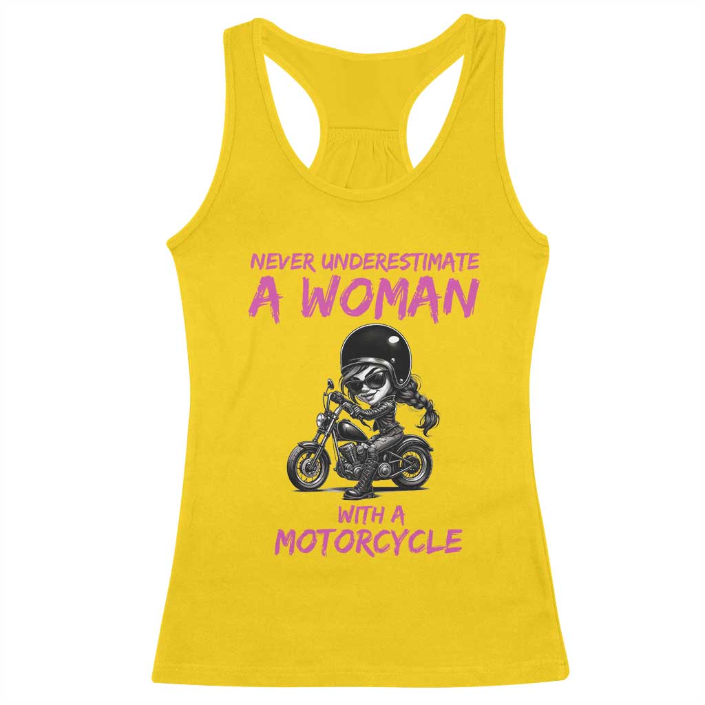 Funny Biker Woman Racerback Tank Top Never Underestimate A Women On A Motorcycle - Wonder Print Shop