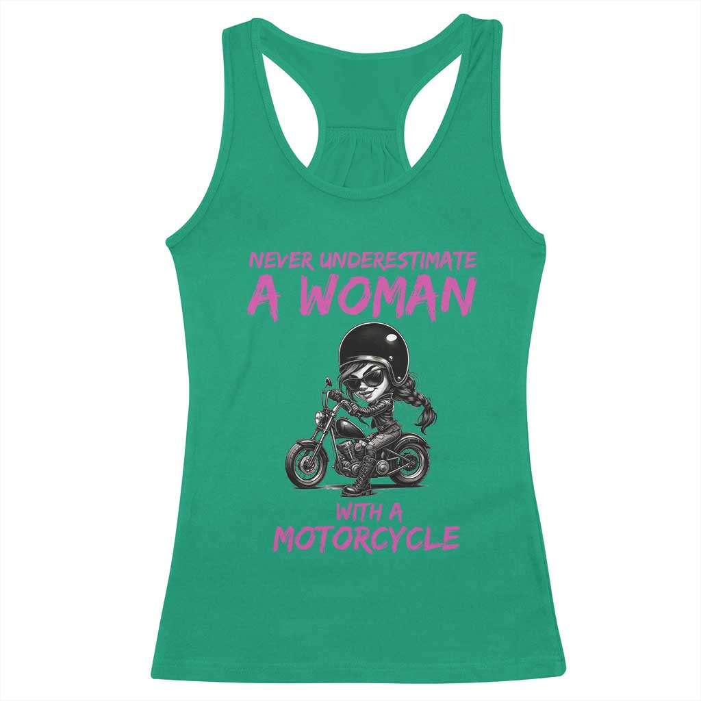 Funny Biker Woman Racerback Tank Top Never Underestimate A Women On A Motorcycle - Wonder Print Shop