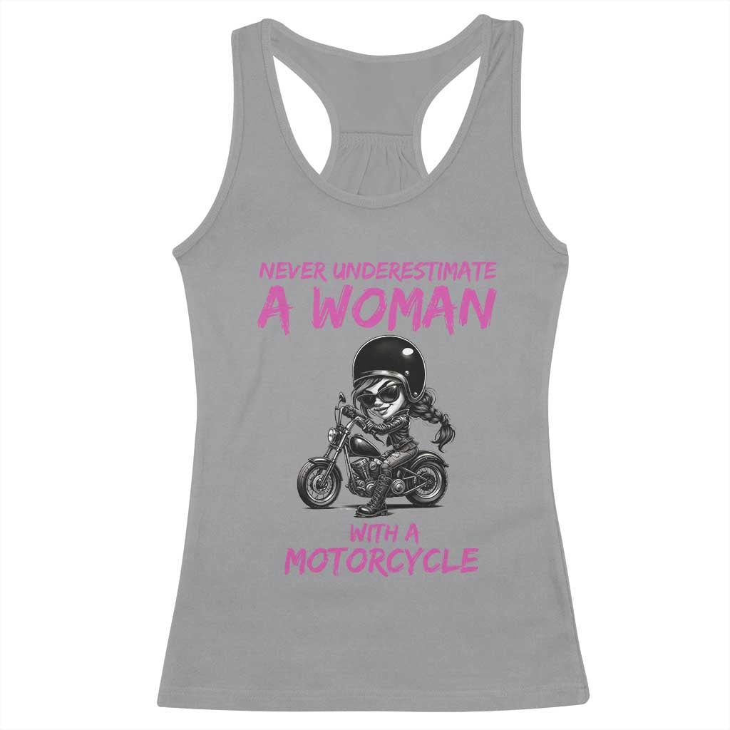 Funny Biker Woman Racerback Tank Top Never Underestimate A Women On A Motorcycle - Wonder Print Shop
