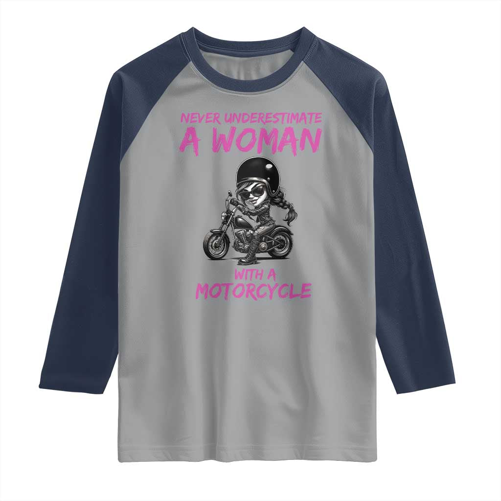 Funny Biker Woman Raglan Shirt Never Underestimate A Women On A Motorcycle - Wonder Print Shop
