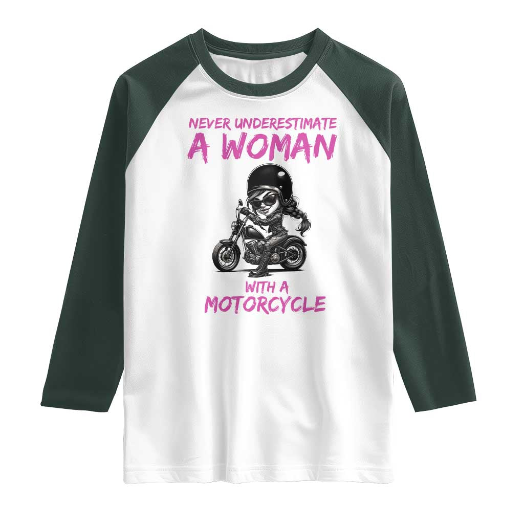Funny Biker Woman Raglan Shirt Never Underestimate A Women On A Motorcycle - Wonder Print Shop