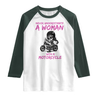 Funny Biker Woman Raglan Shirt Never Underestimate A Women On A Motorcycle - Wonder Print Shop