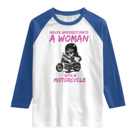 Funny Biker Woman Raglan Shirt Never Underestimate A Women On A Motorcycle - Wonder Print Shop