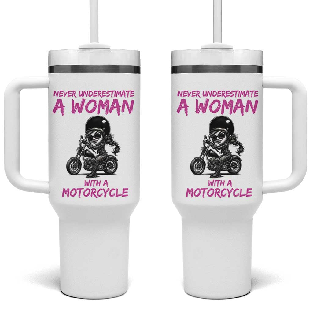 Funny Biker Woman Tumbler With Handle Never Underestimate A Women On A Motorcycle