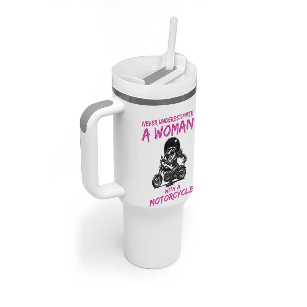 Funny Biker Woman Tumbler With Handle Never Underestimate A Women On A Motorcycle