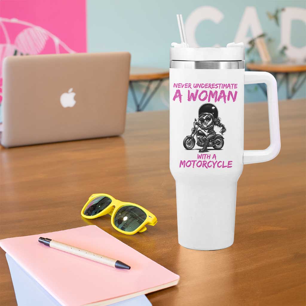 Funny Biker Woman Tumbler With Handle Never Underestimate A Women On A Motorcycle