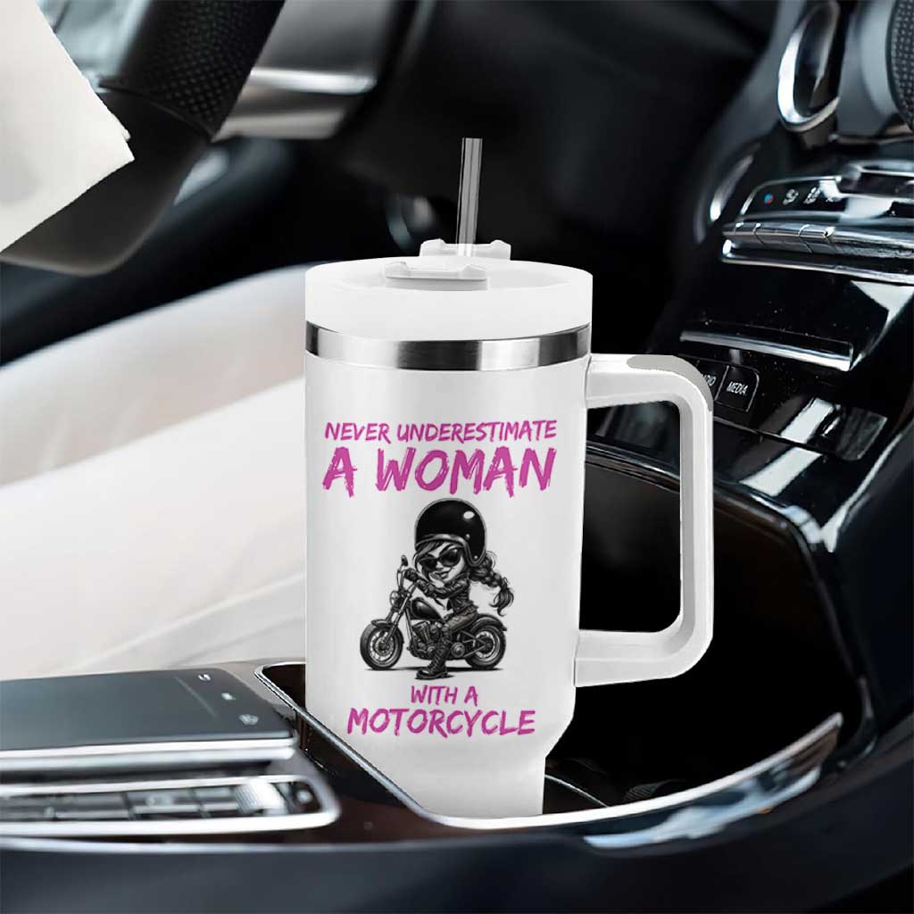Funny Biker Woman Tumbler With Handle Never Underestimate A Women On A Motorcycle
