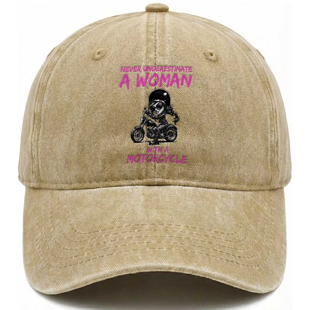 Funny Biker Woman Washed Cotton Baseball Cap Never Underestimate A Women On A Motorcycle