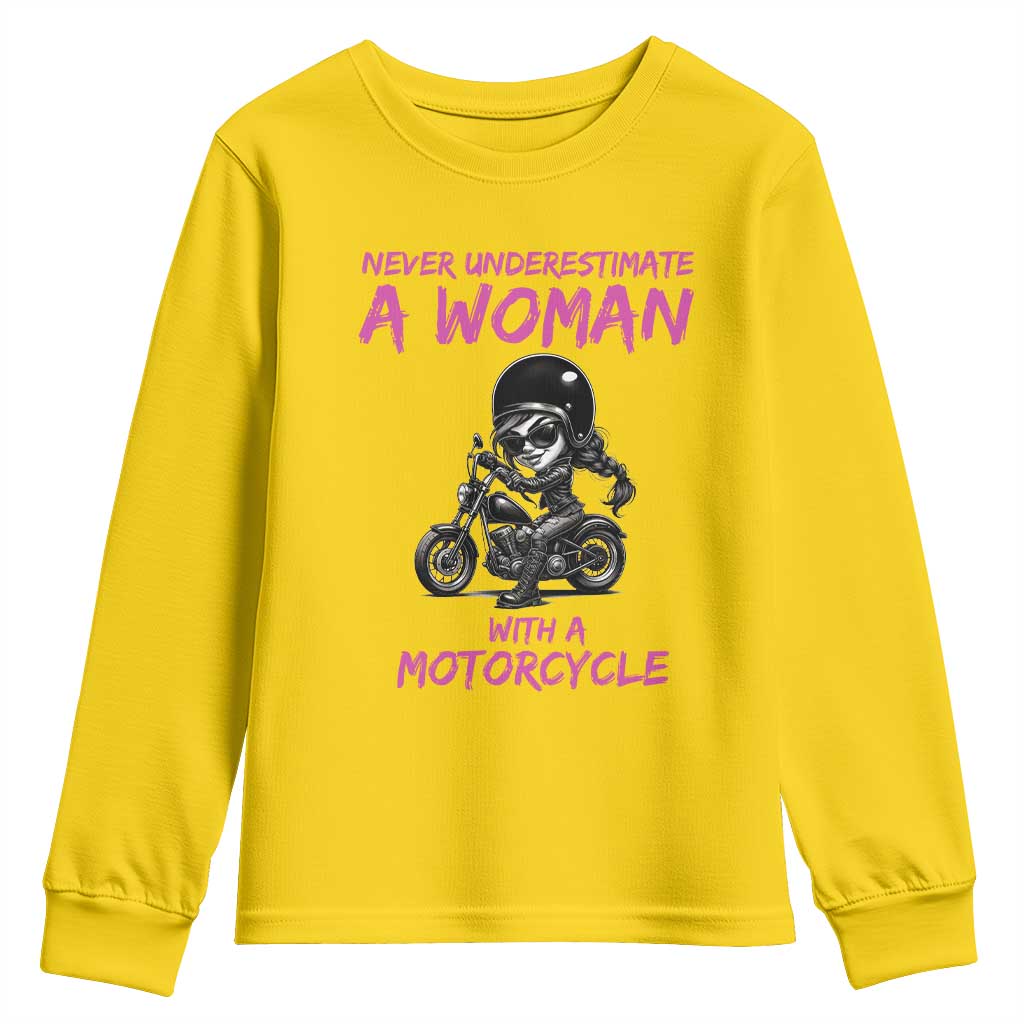 Funny Biker Woman Youth Sweatshirt Never Underestimate A Women On A Motorcycle - Wonder Print Shop