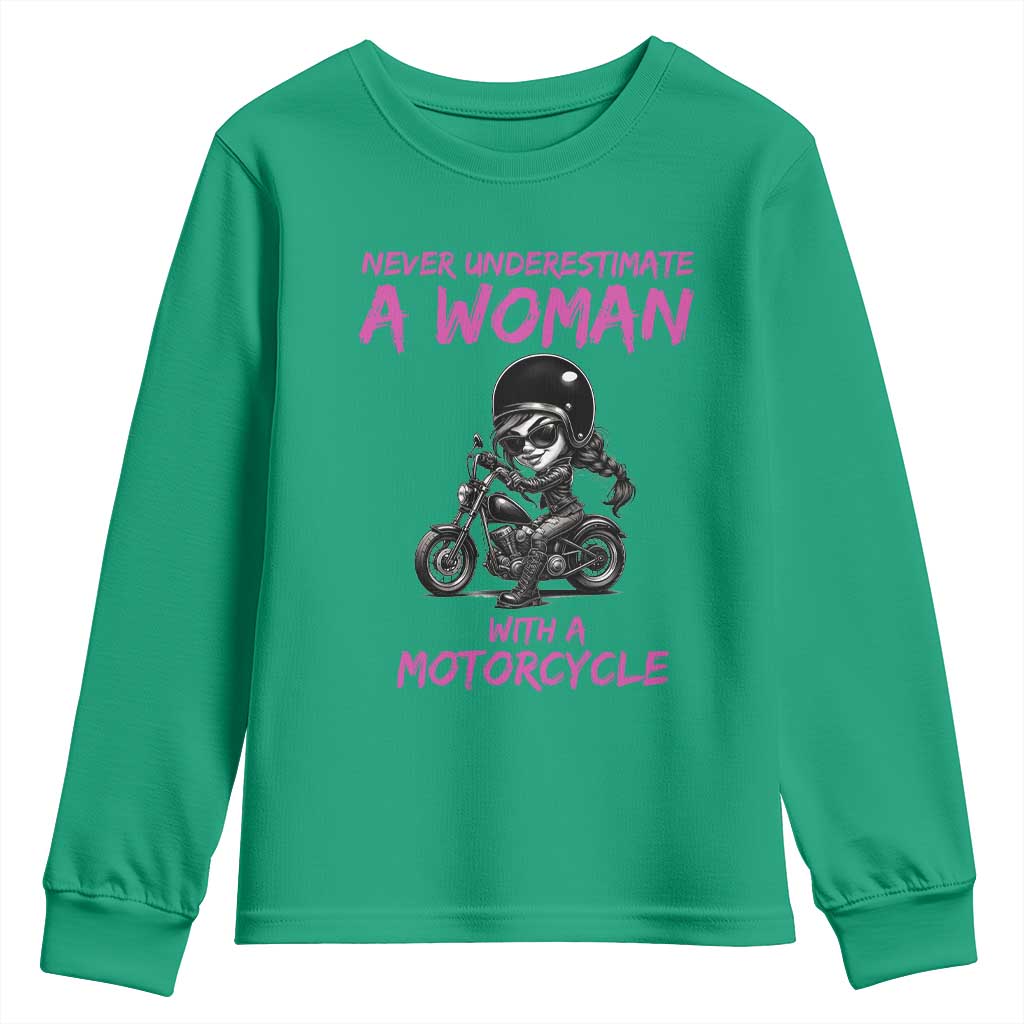 Funny Biker Woman Youth Sweatshirt Never Underestimate A Women On A Motorcycle - Wonder Print Shop