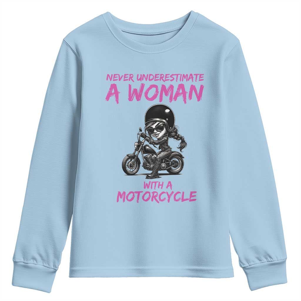 Funny Biker Woman Youth Sweatshirt Never Underestimate A Women On A Motorcycle - Wonder Print Shop