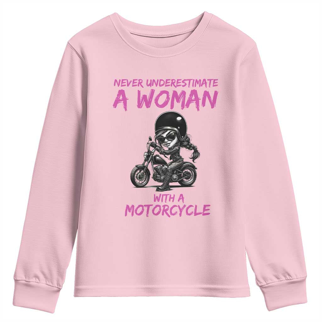 Funny Biker Woman Youth Sweatshirt Never Underestimate A Women On A Motorcycle - Wonder Print Shop