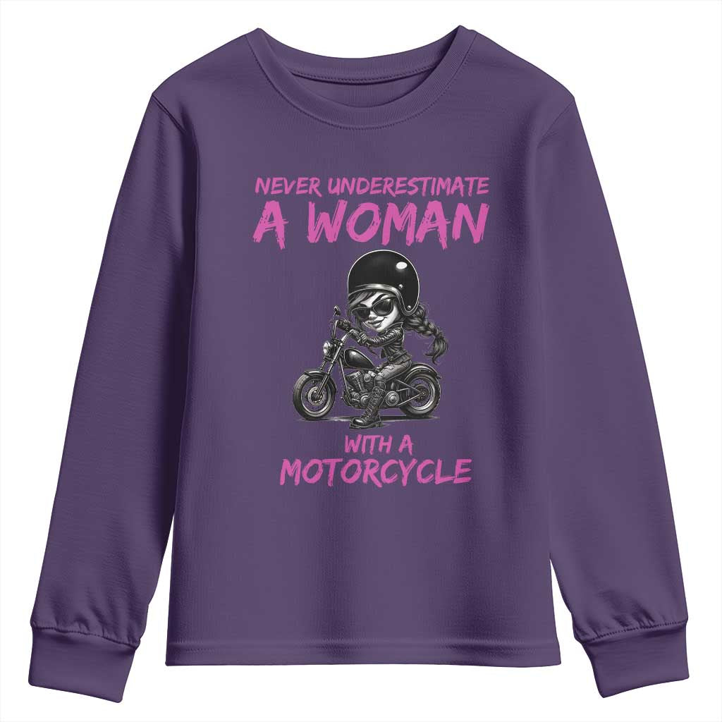 Funny Biker Woman Youth Sweatshirt Never Underestimate A Women On A Motorcycle - Wonder Print Shop