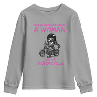 Funny Biker Woman Youth Sweatshirt Never Underestimate A Women On A Motorcycle - Wonder Print Shop