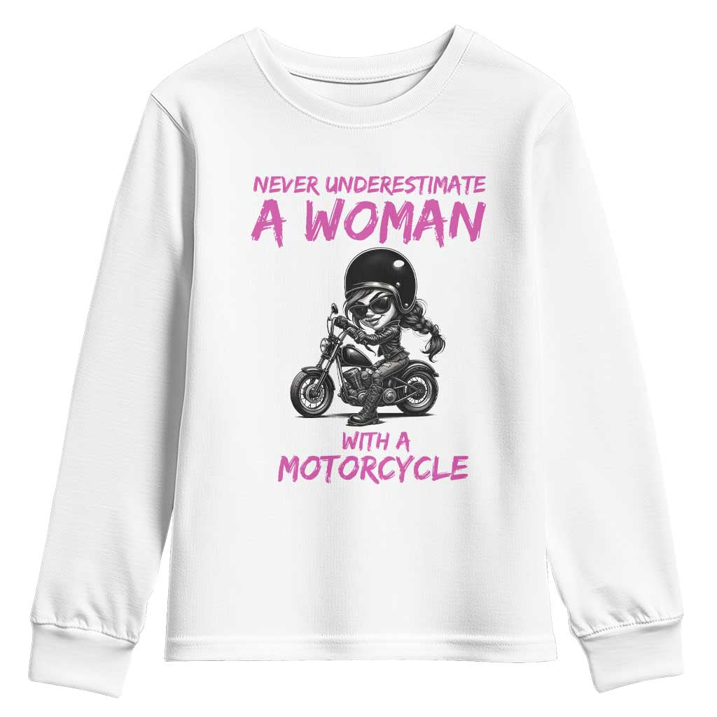 Funny Biker Woman Youth Sweatshirt Never Underestimate A Women On A Motorcycle - Wonder Print Shop