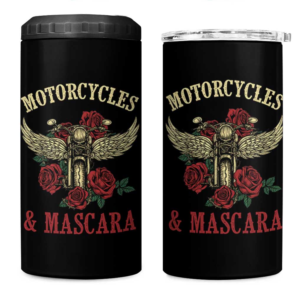 Motorcycle Women Biker 4 in 1 Can Cooler Tumbler Motorcycles And Mascara Roses