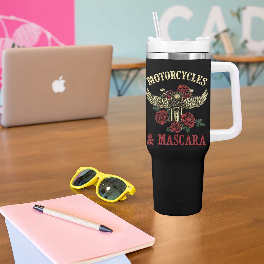Motorcycle Women Biker Tumbler With Handle Motorcycles And Mascara Roses