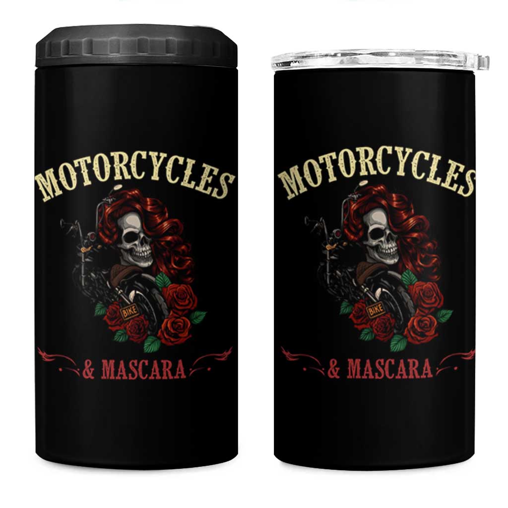 Skeleton Motorcycle Biker 4 in 1 Can Cooler Tumbler Motorcycles And Mascara Roses