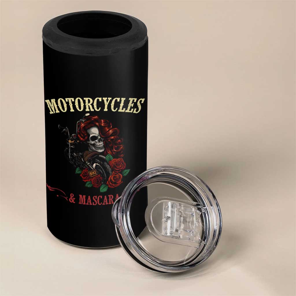 Skeleton Motorcycle Biker 4 in 1 Can Cooler Tumbler Motorcycles And Mascara Roses