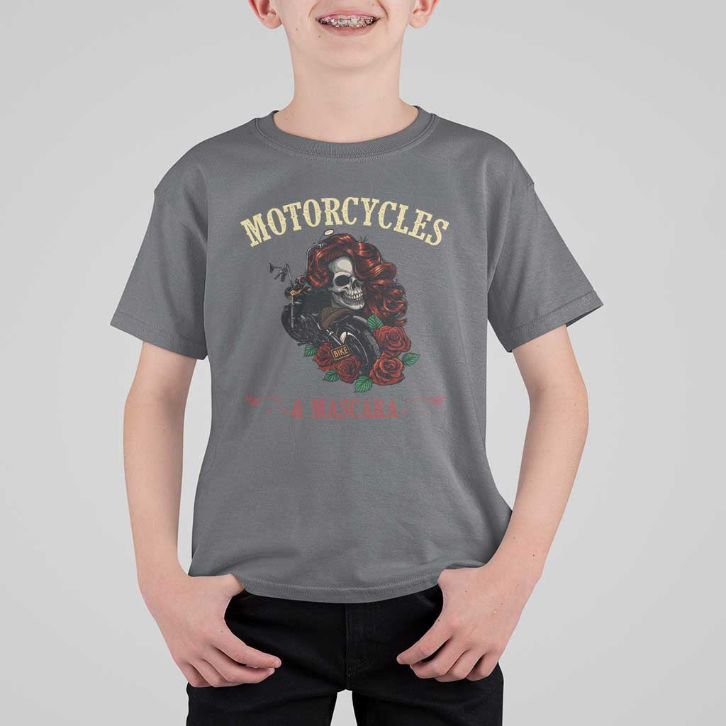 Skeleton Motorcycle Biker T Shirt For Kid Motorcycles And Mascara Roses - Wonder Print Shop