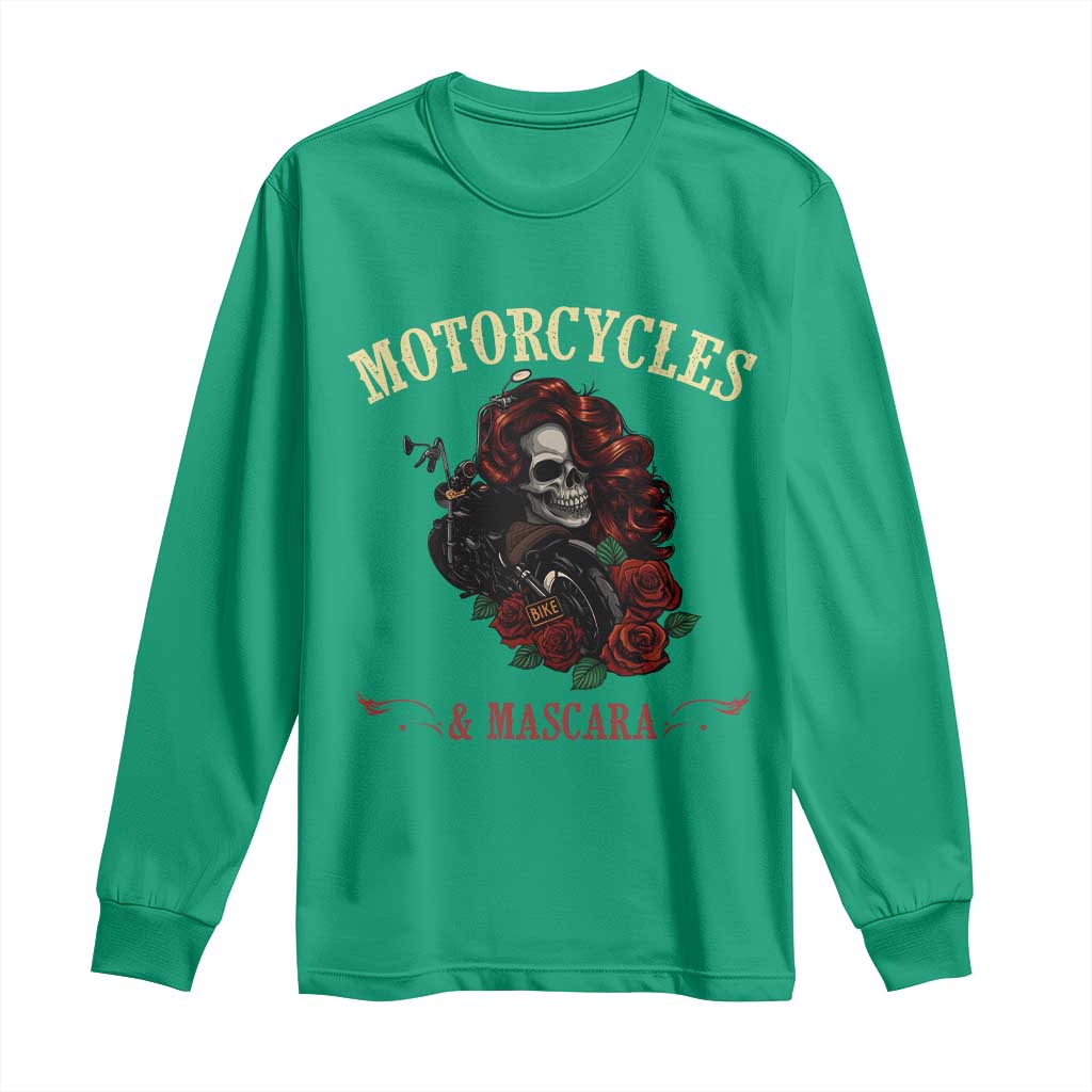 Skeleton Motorcycle Biker Long Sleeve Shirt Motorcycles And Mascara Roses - Wonder Print Shop
