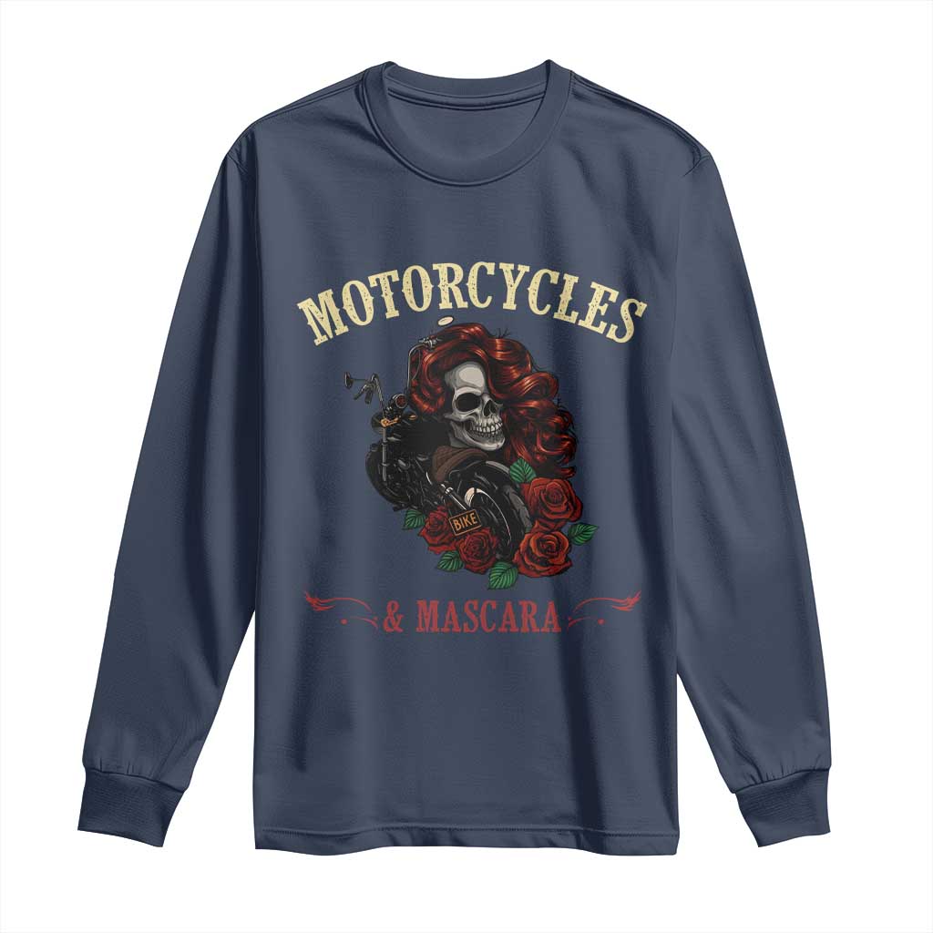 Skeleton Motorcycle Biker Long Sleeve Shirt Motorcycles And Mascara Roses - Wonder Print Shop