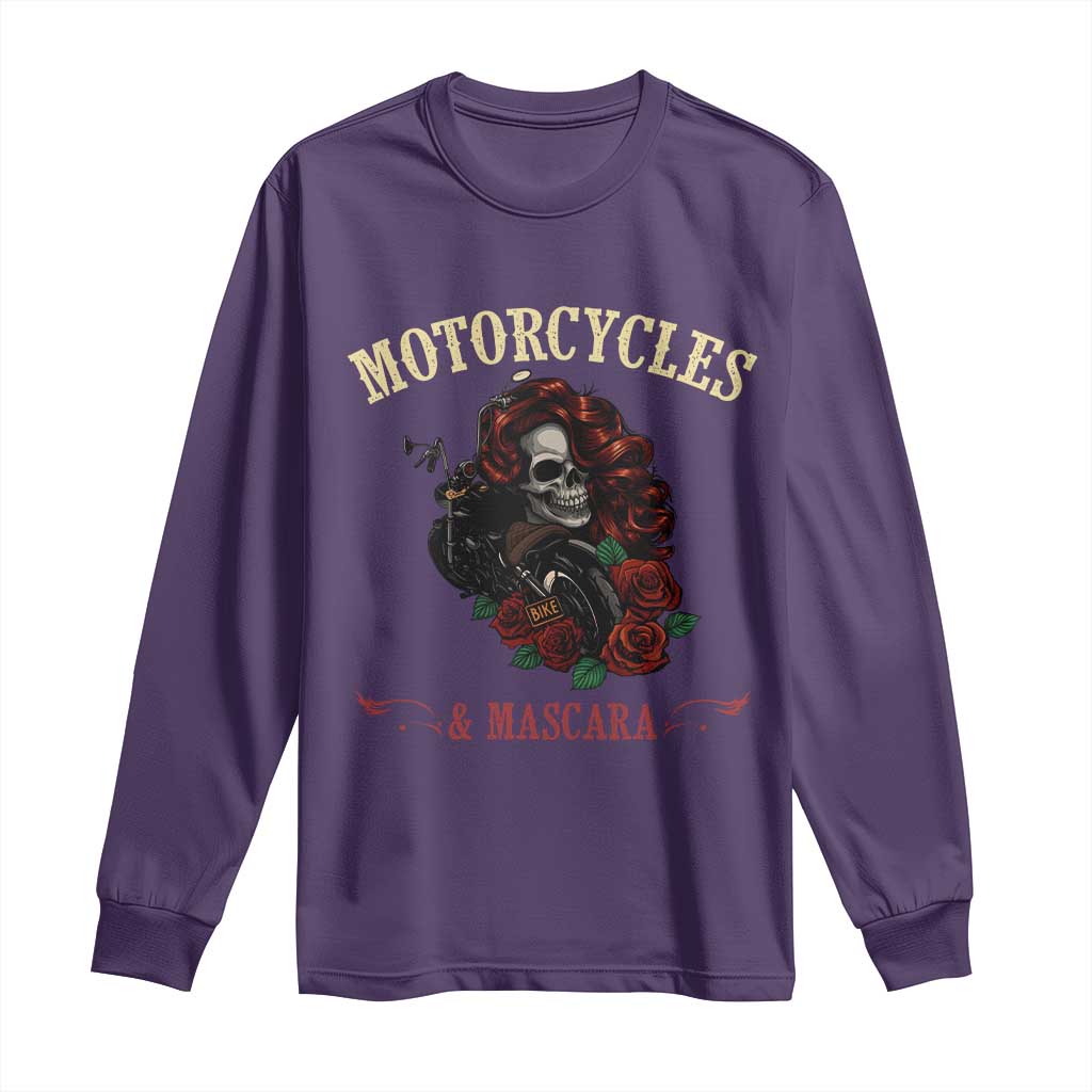 Skeleton Motorcycle Biker Long Sleeve Shirt Motorcycles And Mascara Roses - Wonder Print Shop
