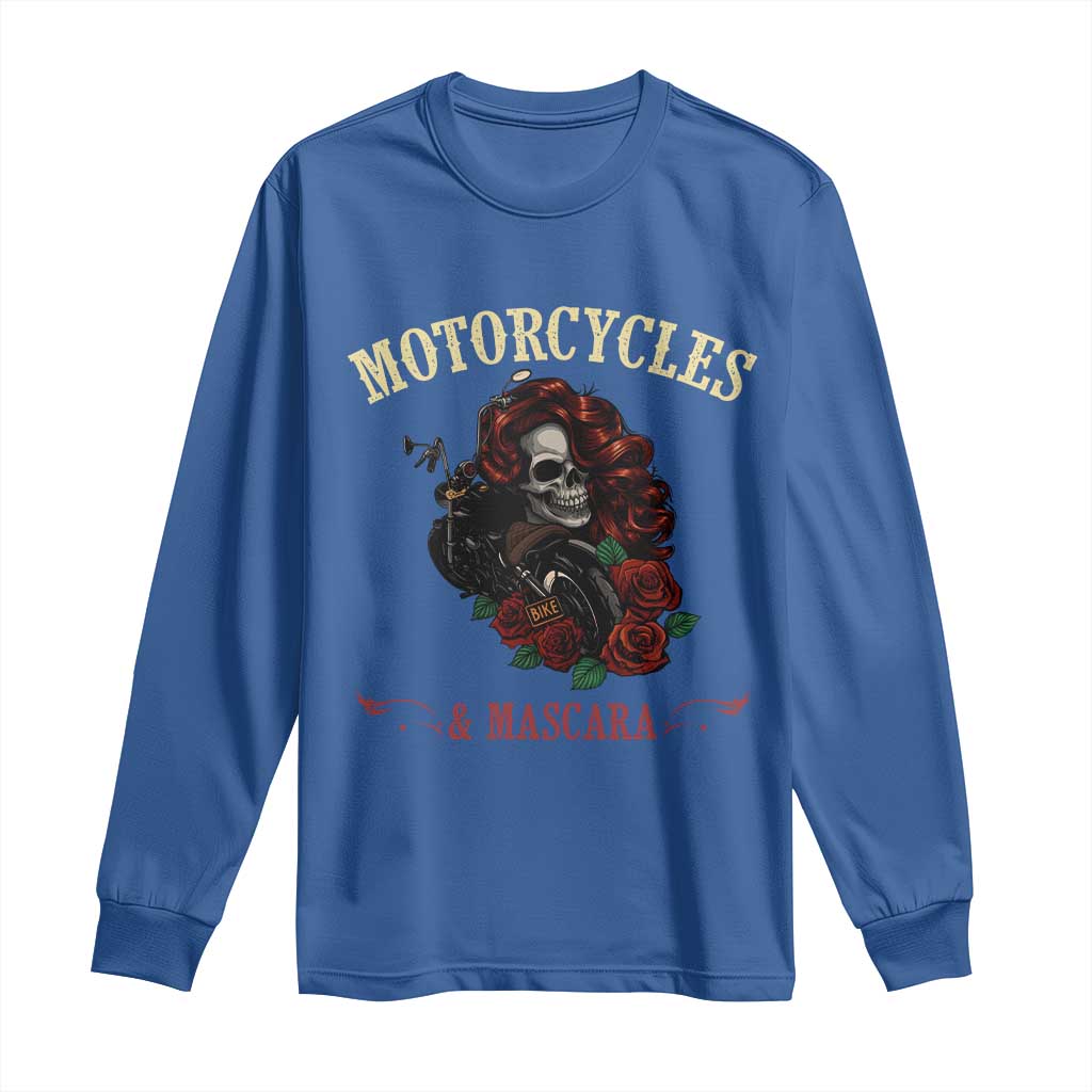 Skeleton Motorcycle Biker Long Sleeve Shirt Motorcycles And Mascara Roses - Wonder Print Shop
