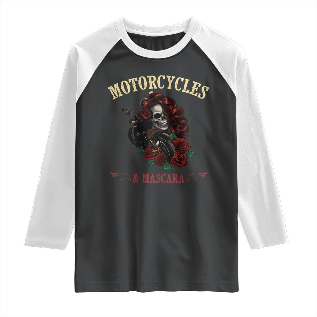 Skeleton Motorcycle Biker Raglan Shirt Motorcycles And Mascara Roses - Wonder Print Shop