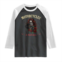 Skeleton Motorcycle Biker Raglan Shirt Motorcycles And Mascara Roses - Wonder Print Shop