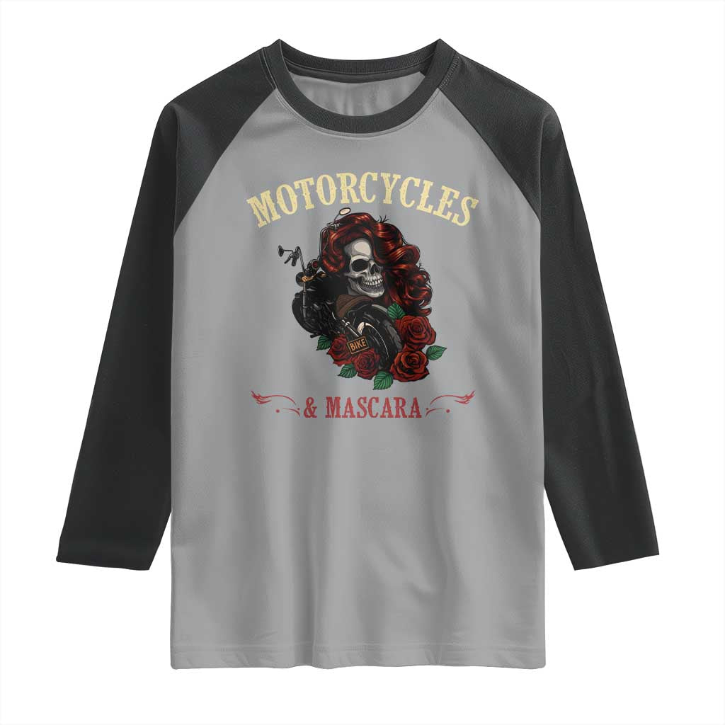 Skeleton Motorcycle Biker Raglan Shirt Motorcycles And Mascara Roses - Wonder Print Shop