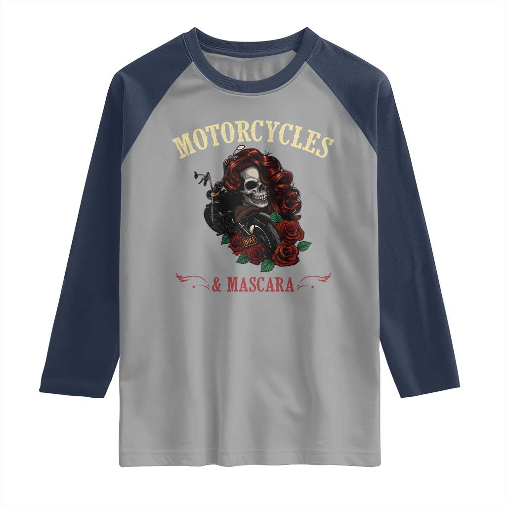 Skeleton Motorcycle Biker Raglan Shirt Motorcycles And Mascara Roses - Wonder Print Shop