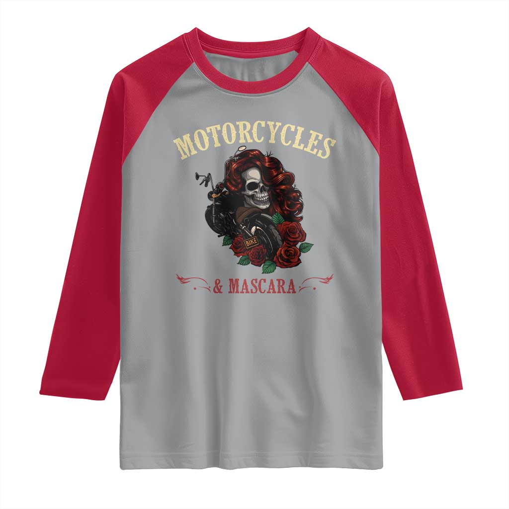 Skeleton Motorcycle Biker Raglan Shirt Motorcycles And Mascara Roses - Wonder Print Shop