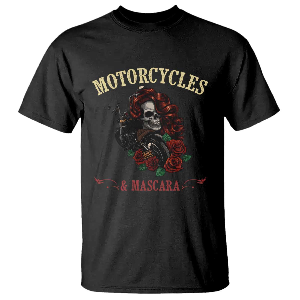 Skeleton Motorcycle Biker T Shirt Motorcycles And Mascara Roses - Wonder Print Shop