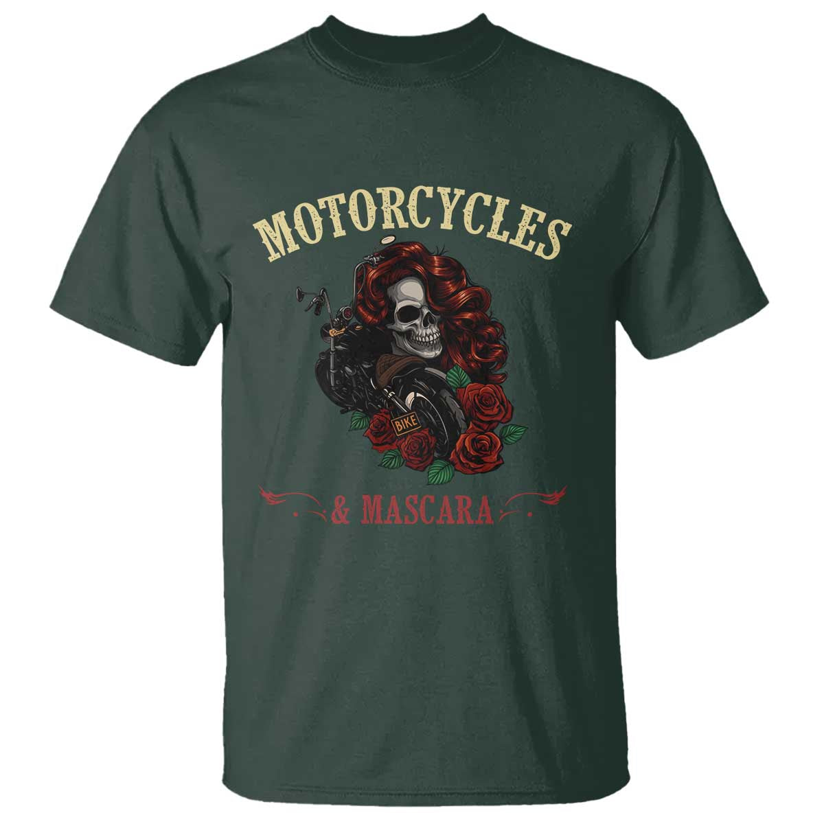 Skeleton Motorcycle Biker T Shirt Motorcycles And Mascara Roses - Wonder Print Shop