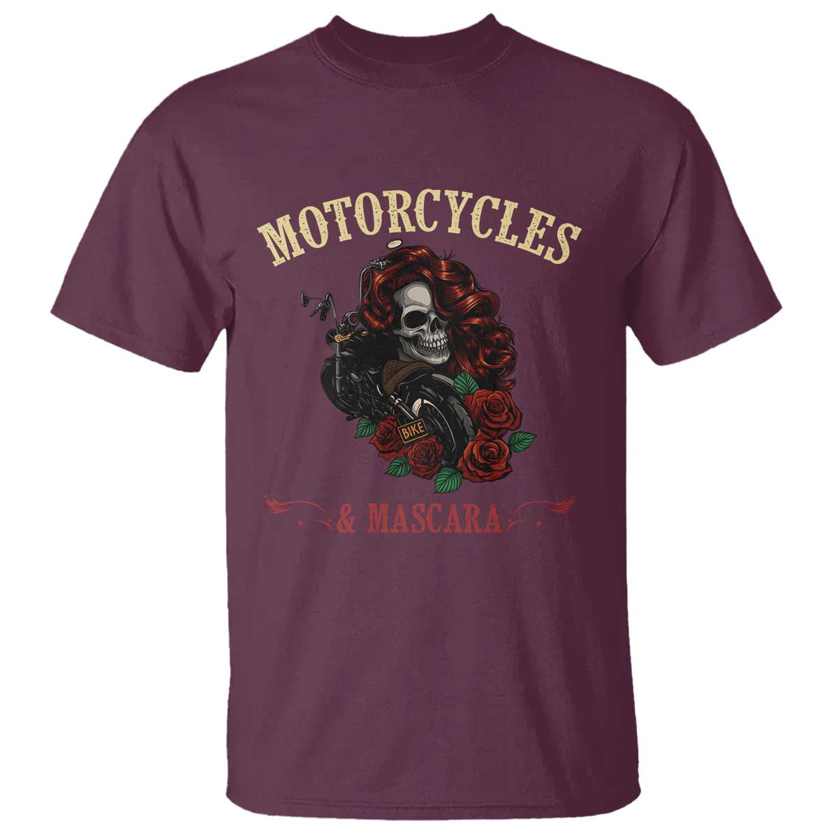 Skeleton Motorcycle Biker T Shirt Motorcycles And Mascara Roses - Wonder Print Shop