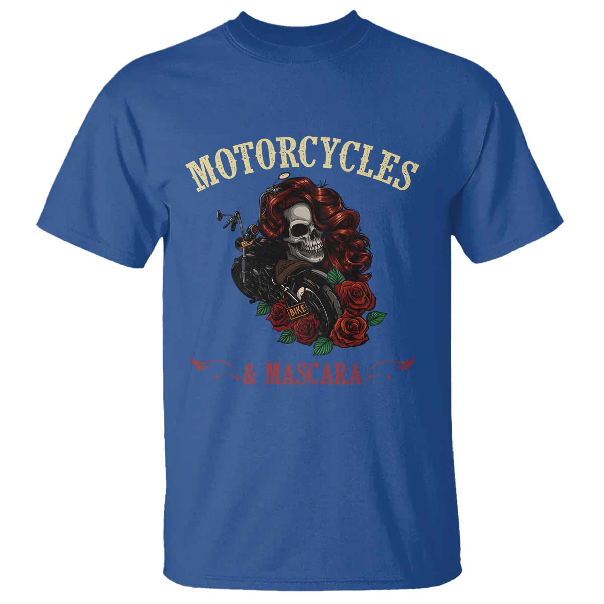 Skeleton Motorcycle Biker T Shirt Motorcycles And Mascara Roses - Wonder Print Shop