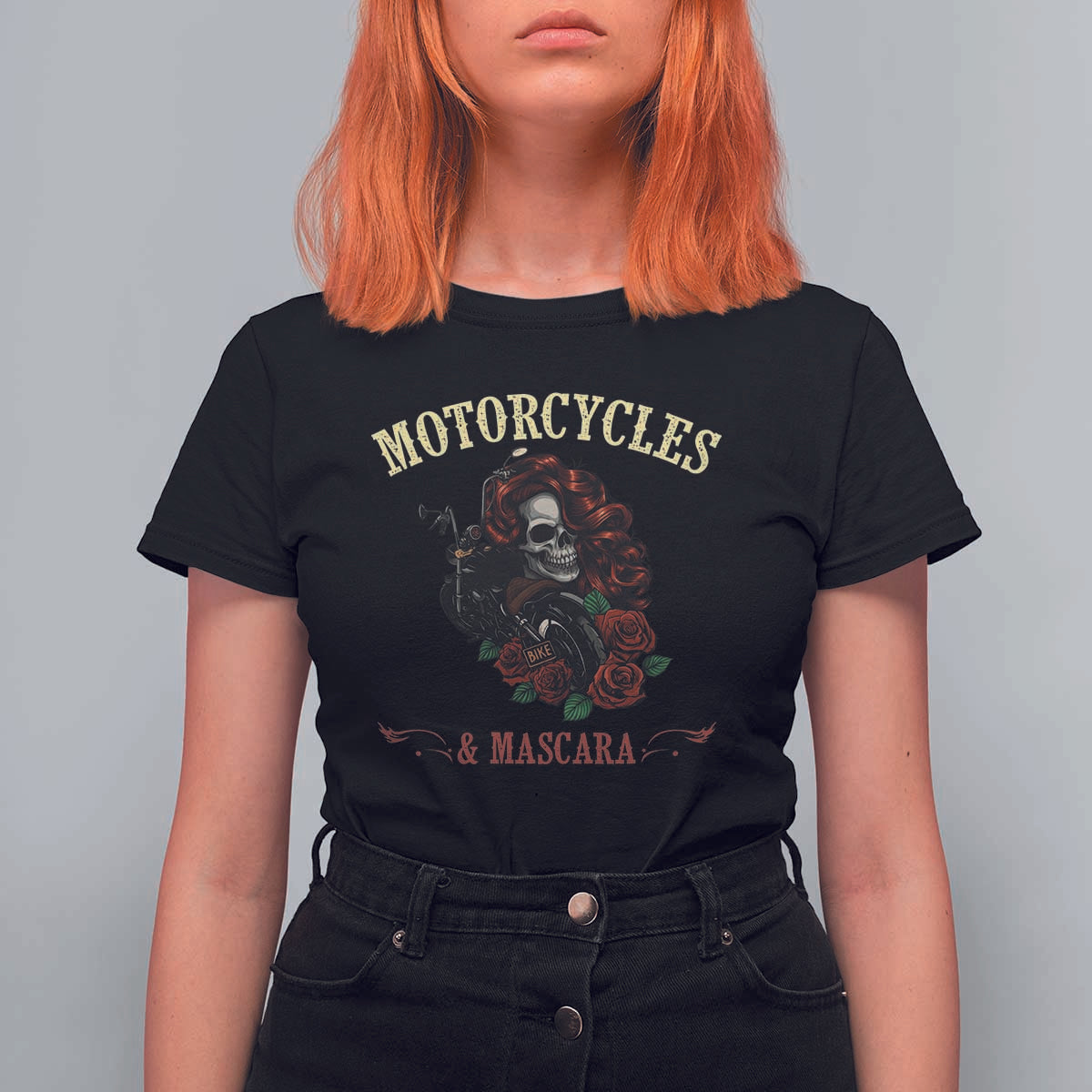 Skeleton Motorcycle Biker T Shirt For Women Motorcycles And Mascara Roses - Wonder Print Shop