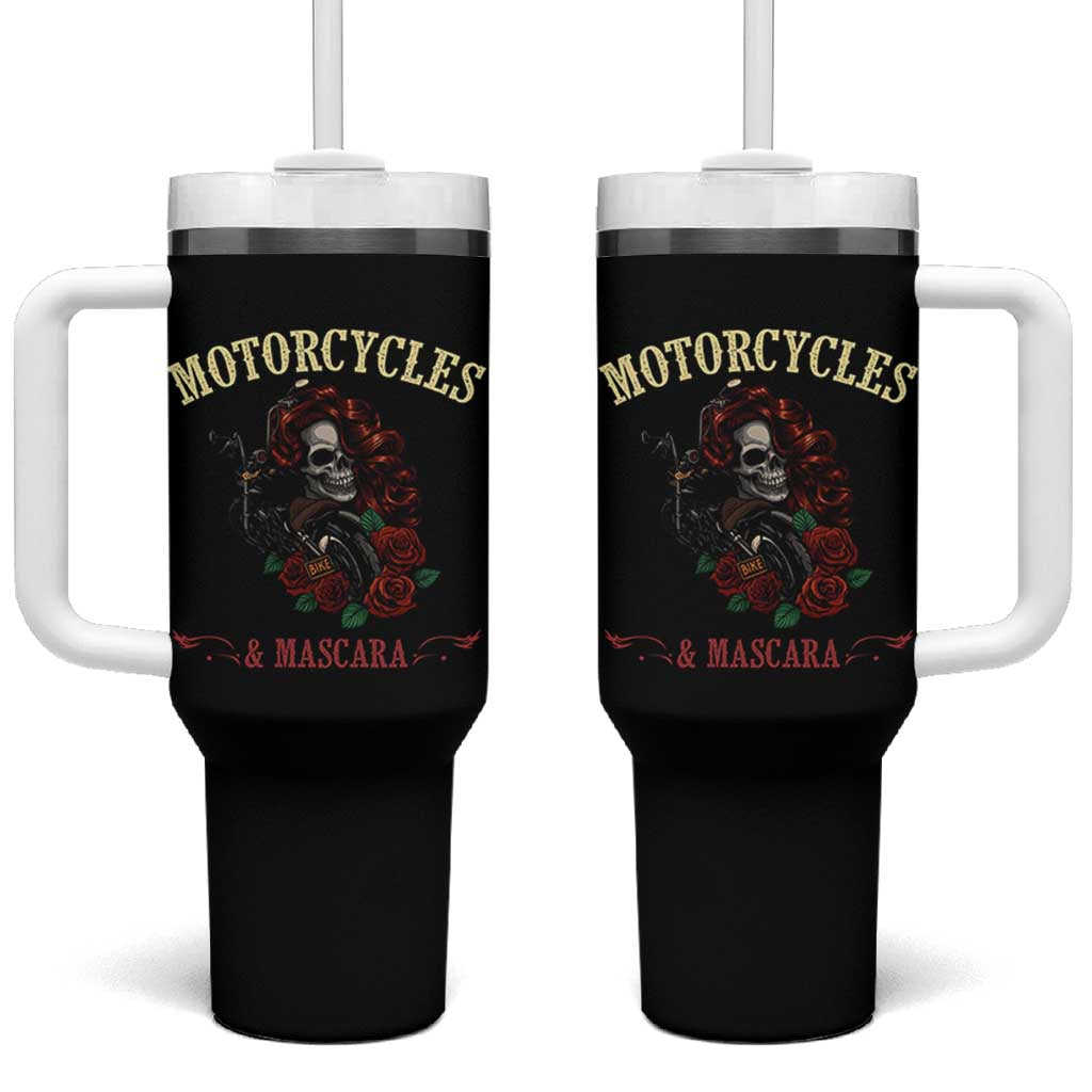 Skeleton Motorcycle Biker Tumbler With Handle Motorcycles And Mascara Roses