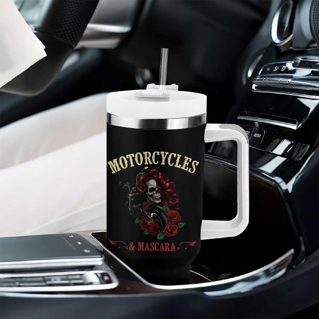 Skeleton Motorcycle Biker Tumbler With Handle Motorcycles And Mascara Roses