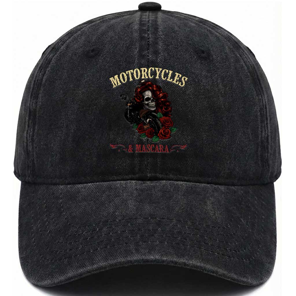 Skeleton Motorcycle Biker Washed Cotton Baseball Cap Motorcycles And Mascara Roses