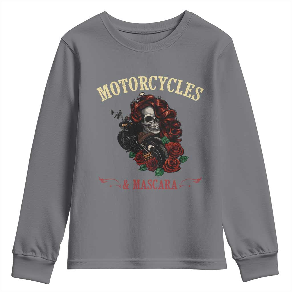 Skeleton Motorcycle Biker Youth Sweatshirt Motorcycles And Mascara Roses - Wonder Print Shop