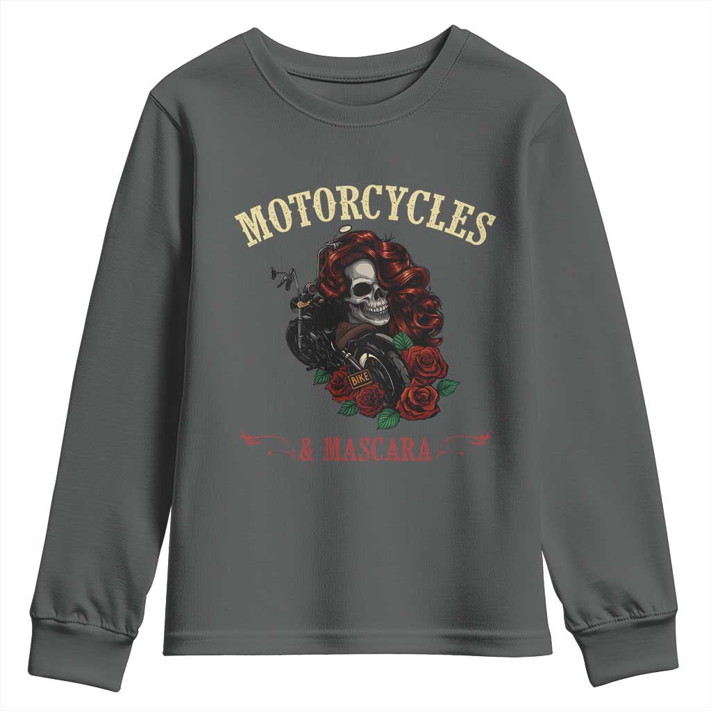 Skeleton Motorcycle Biker Youth Sweatshirt Motorcycles And Mascara Roses - Wonder Print Shop