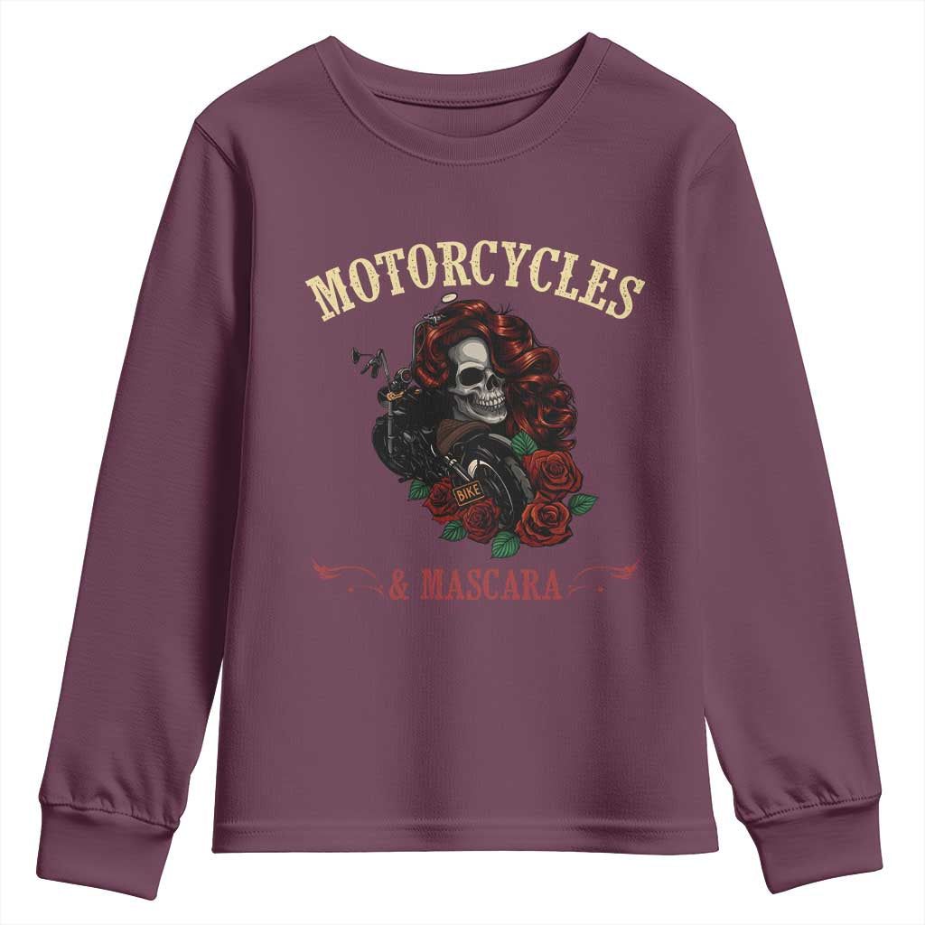 Skeleton Motorcycle Biker Youth Sweatshirt Motorcycles And Mascara Roses - Wonder Print Shop