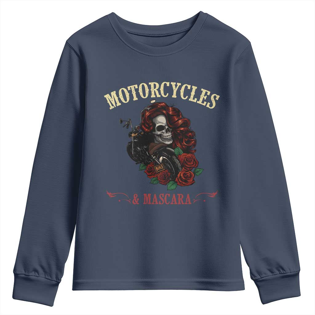 Skeleton Motorcycle Biker Youth Sweatshirt Motorcycles And Mascara Roses - Wonder Print Shop