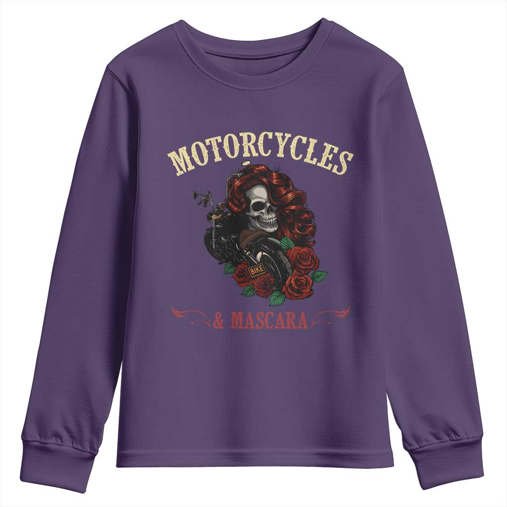 Skeleton Motorcycle Biker Youth Sweatshirt Motorcycles And Mascara Roses - Wonder Print Shop