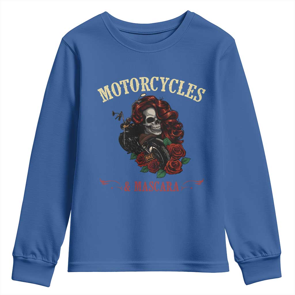 Skeleton Motorcycle Biker Youth Sweatshirt Motorcycles And Mascara Roses - Wonder Print Shop