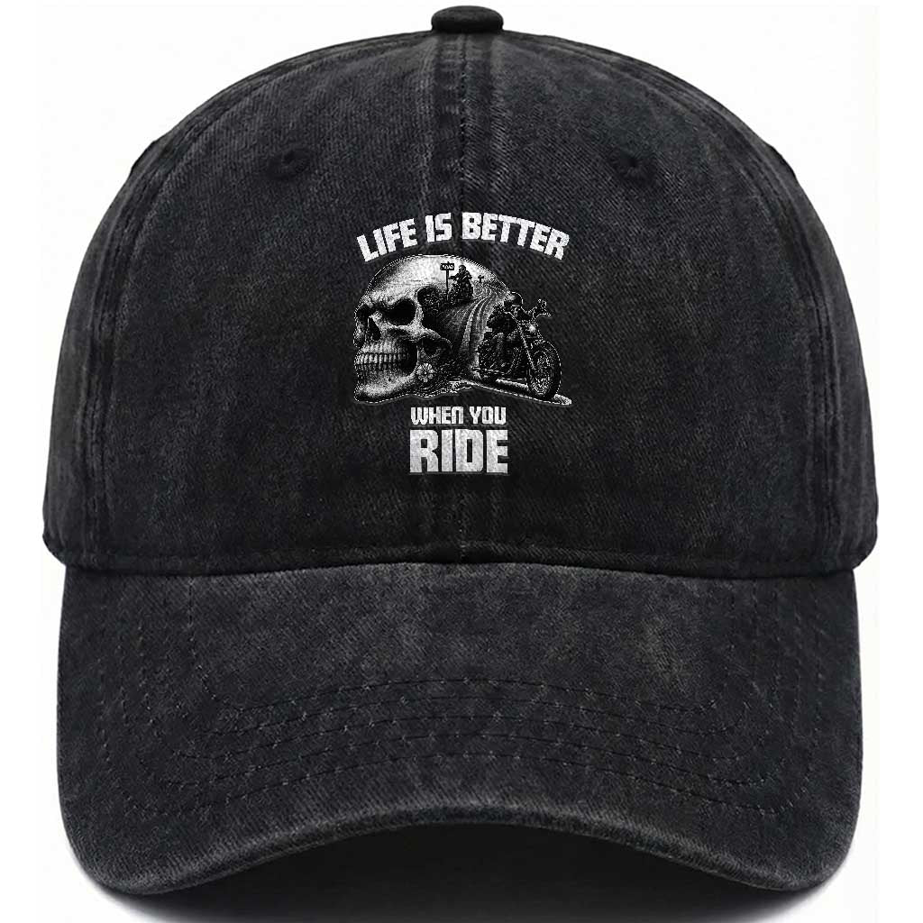 Funny Biker Skeleton Motorcycle Rider Washed Cotton Baseball Cap Life Is Better When You Ride