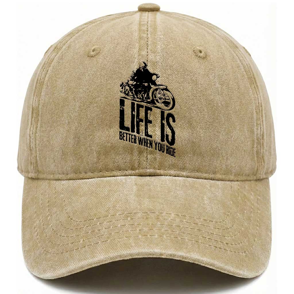 Funny Motorcycle Biker Washed Cotton Baseball Cap Life Is Better When You Ride